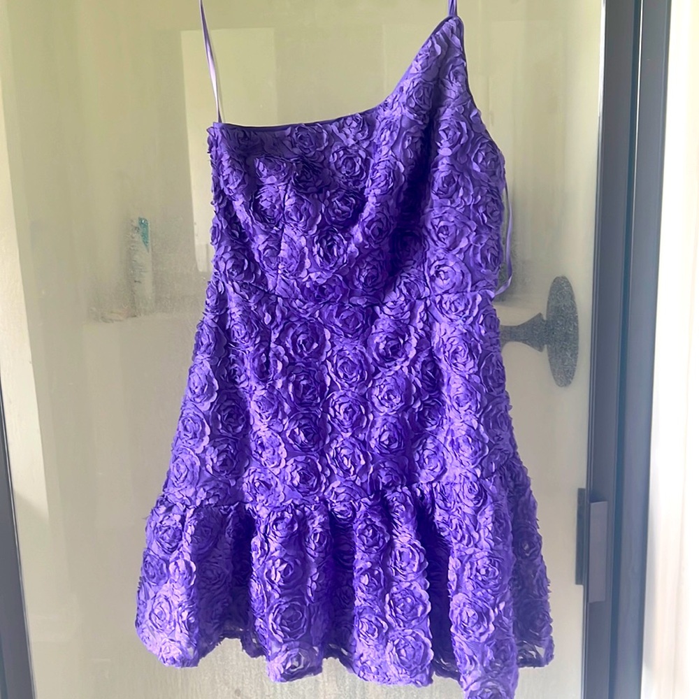 Size S purple mini dress flowers one shoulder spaghetti strap